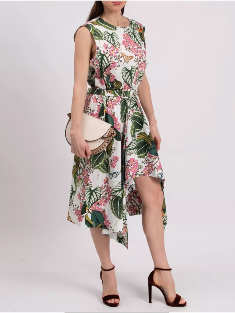 Oscar de la Renta White Floral and Green Leaf High-Low Dress